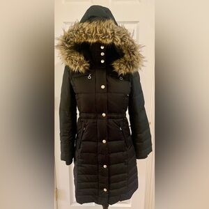 DKNY Down Puffer Coat Faux Fur Hood Black Women's Size XS